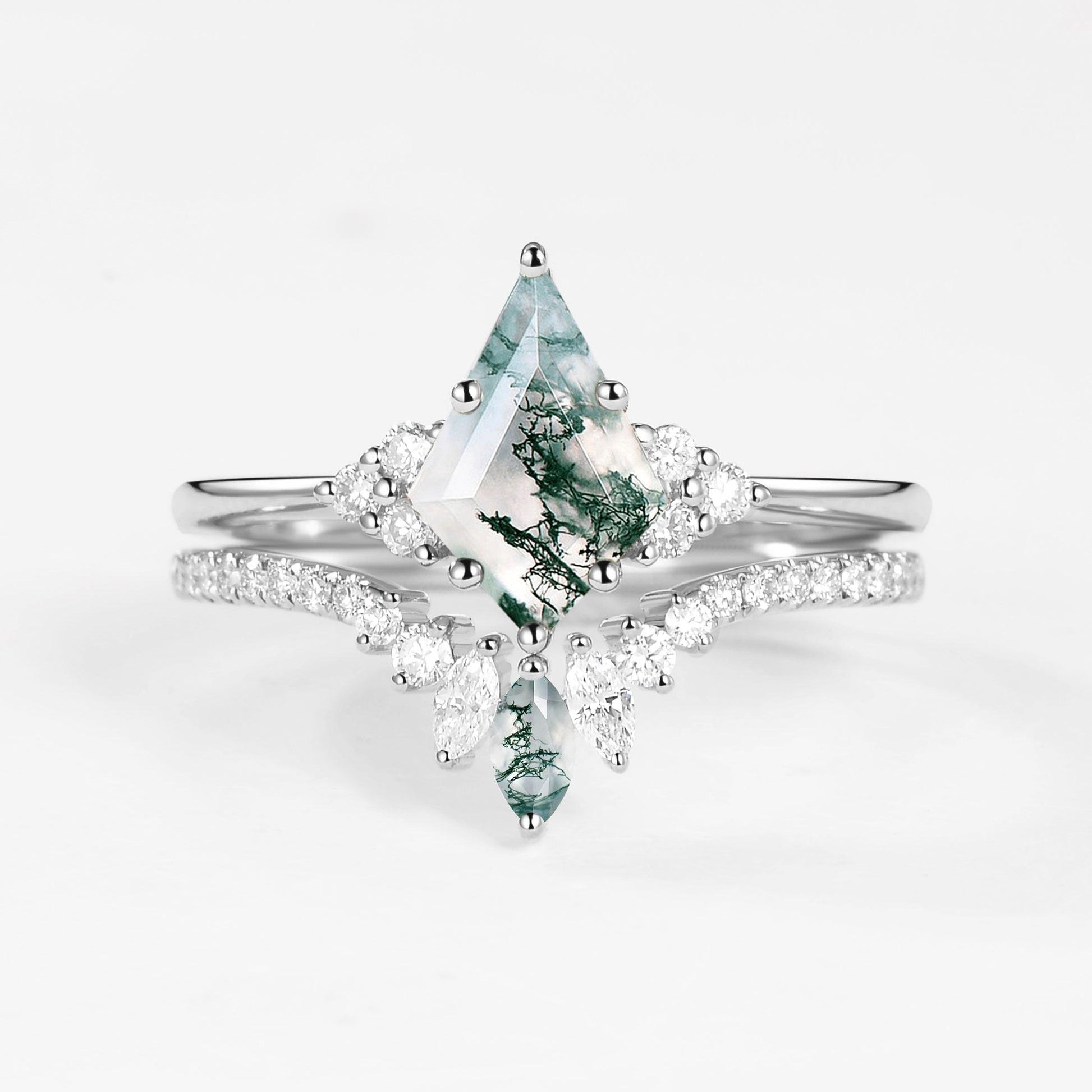 Lydia Unique Moss Agate Cluster Engagement Ring Set 2pcs.