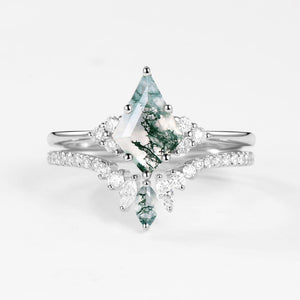 Lydia Unique Moss Agate Cluster Engagement Ring Set 2pcs.