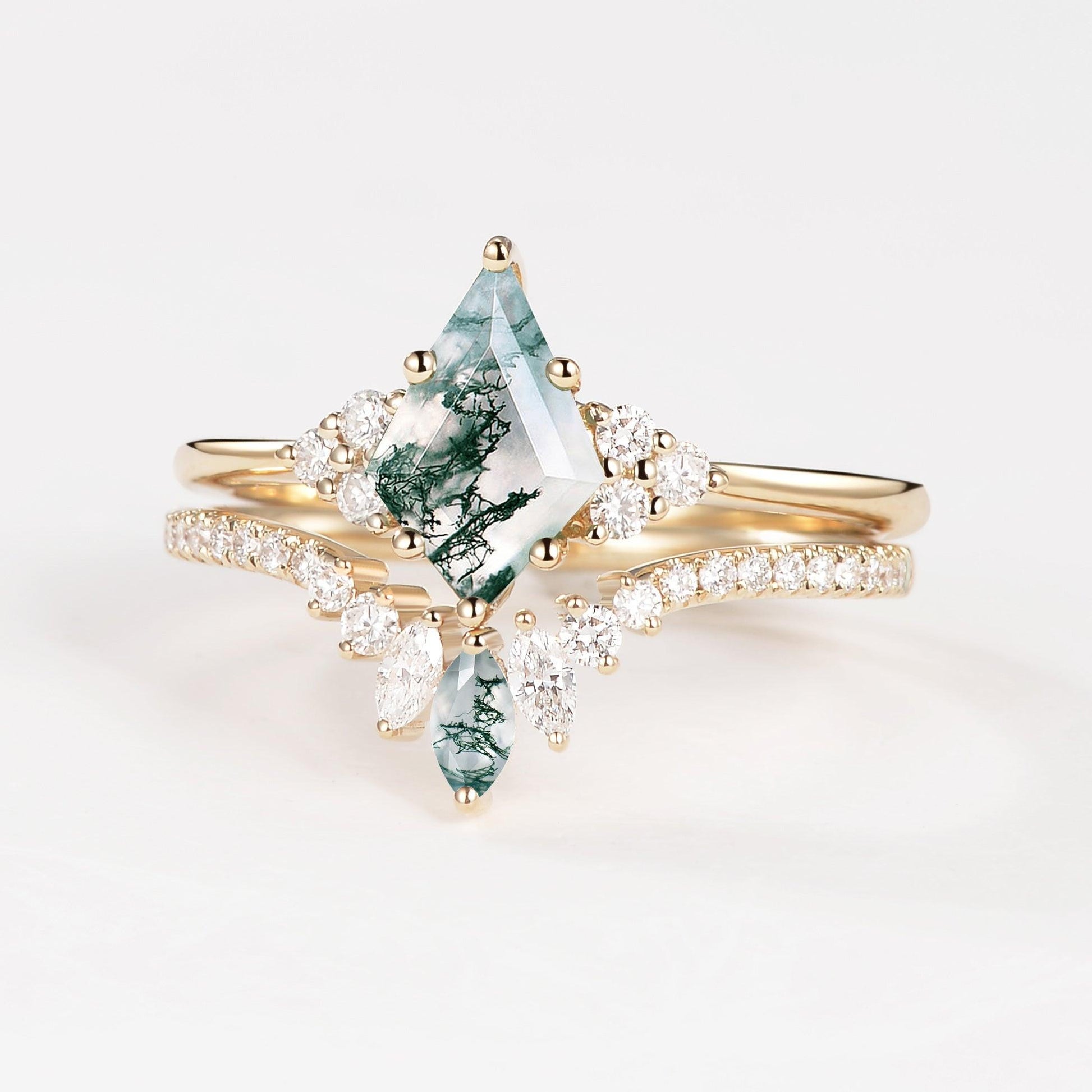 Lydia Unique Moss Agate Cluster Engagement Ring Set 2pcs.