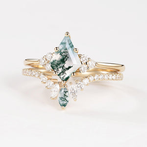 Lydia Unique Moss Agate Cluster Engagement Ring Set 2pcs.