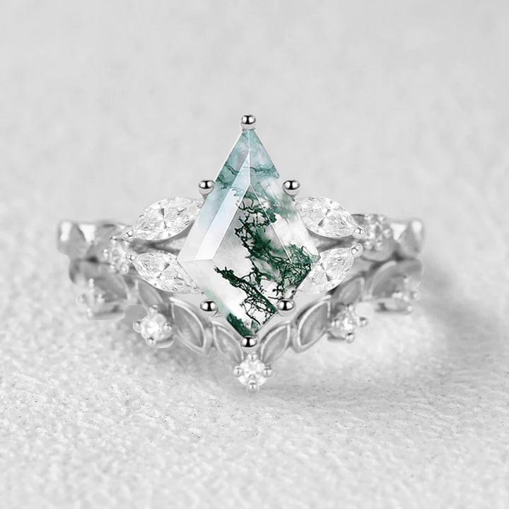 Nature Inspired - Kite Cut Moss Agate Leafy Engagement Ring Set 2pcs.