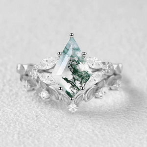 Nature Inspired - Kite Cut Moss Agate Leafy Engagement Ring Set 2pcs.