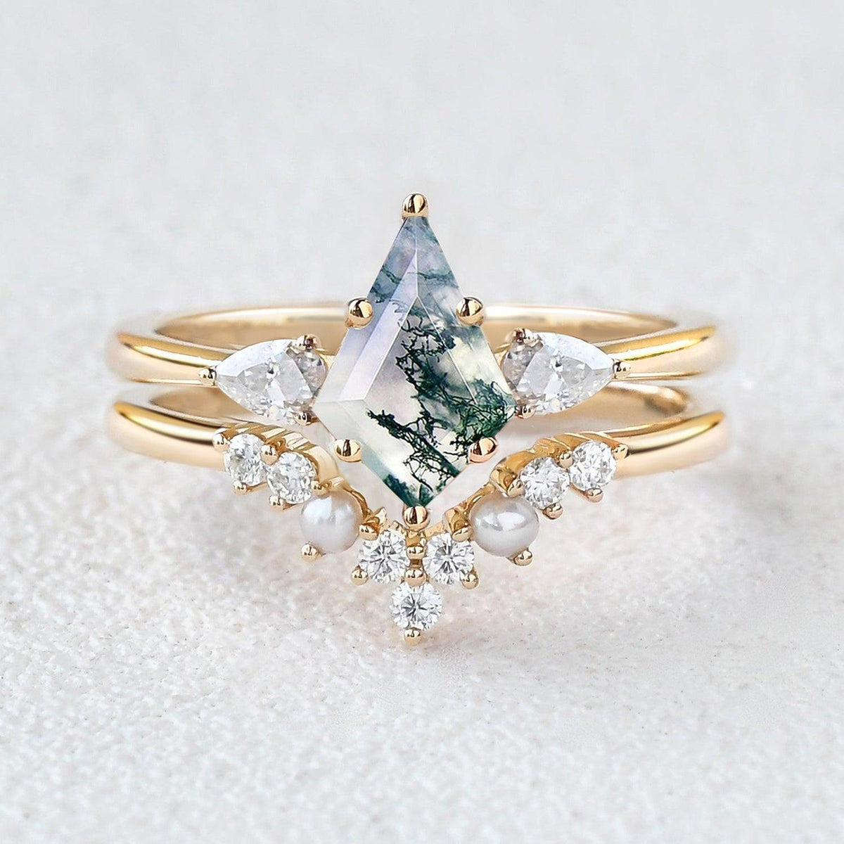 Kite Cut Moss Agate Pearl Stacking Engagement Ring Set 2pcs.