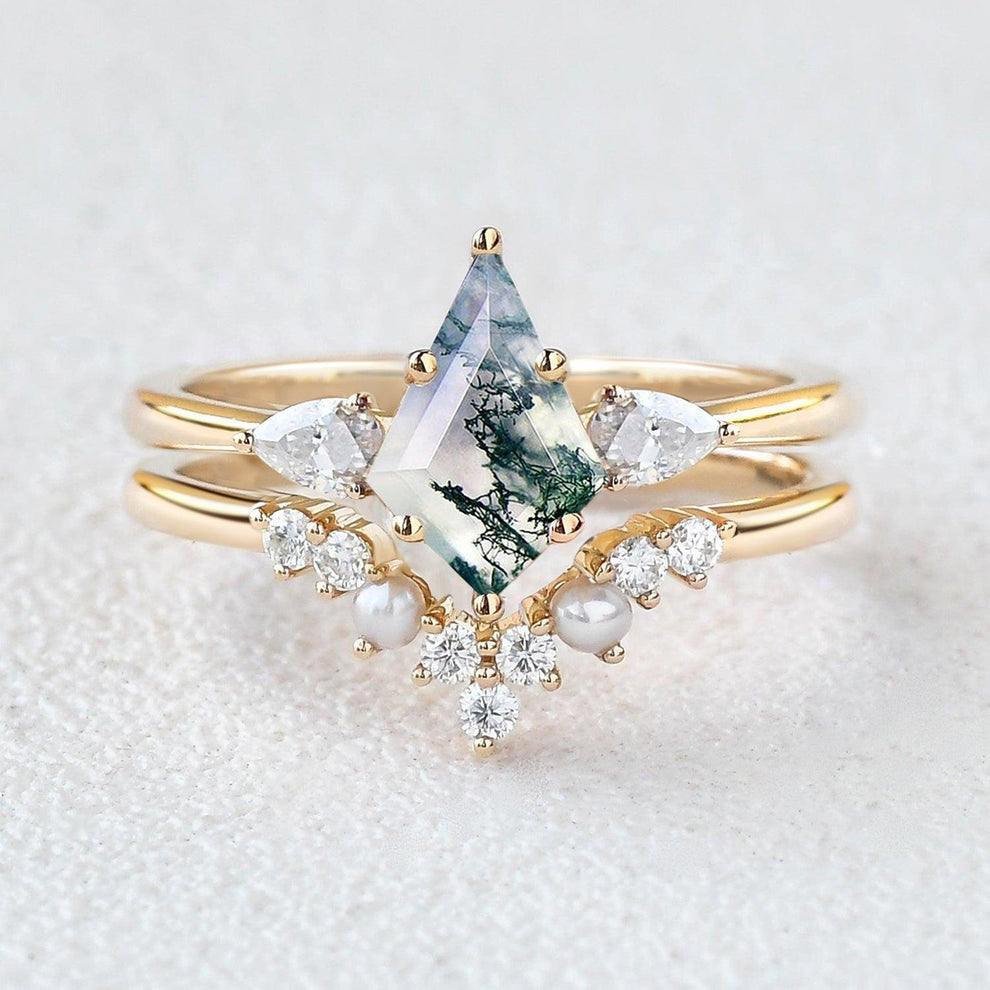 Kite Cut Moss Agate Pearl Stacking Engagement Ring Set 2pcs.