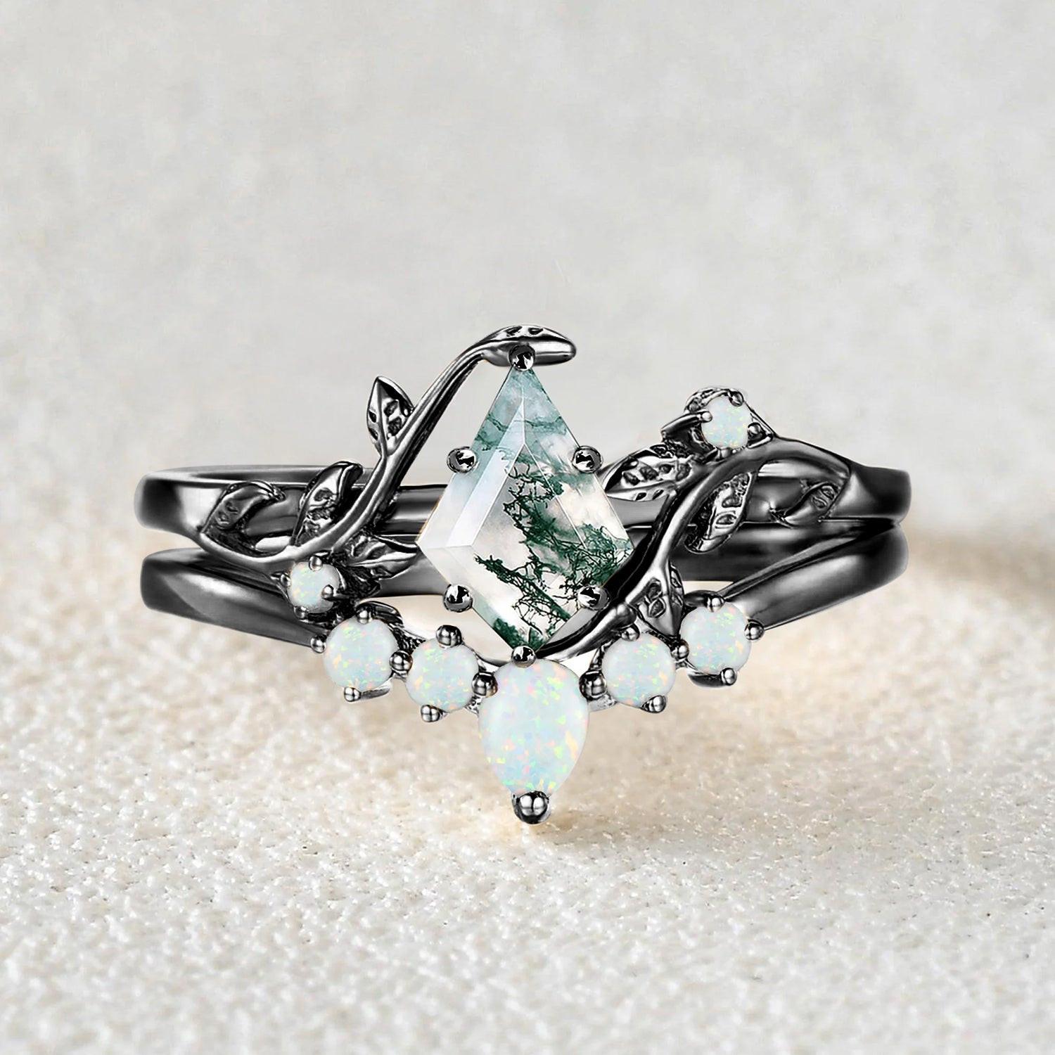 Willow Colorful Stones Unique Kite Cut Moss Agate Leafy Bridal Ring Sets 2pcs.