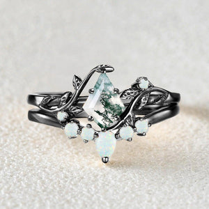 Willow Colorful Stones Unique Kite Cut Moss Agate Leafy Bridal Ring Sets 2pcs.