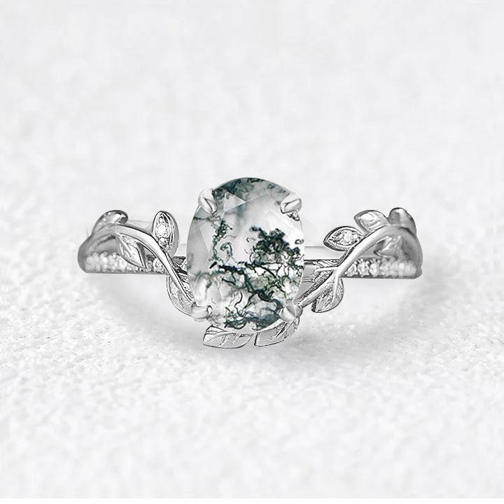 Oval Cut Moss Agate Classic Vine Engagement Ring.