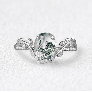 Oval Cut Moss Agate Classic Vine Engagement Ring.