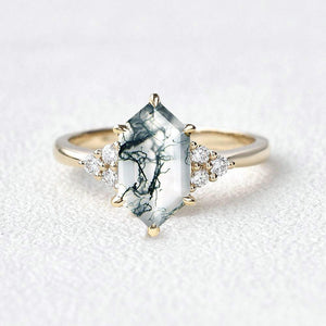 Nova Vintage Hexagon Moss Agate 3 Stone Engagement Ring.