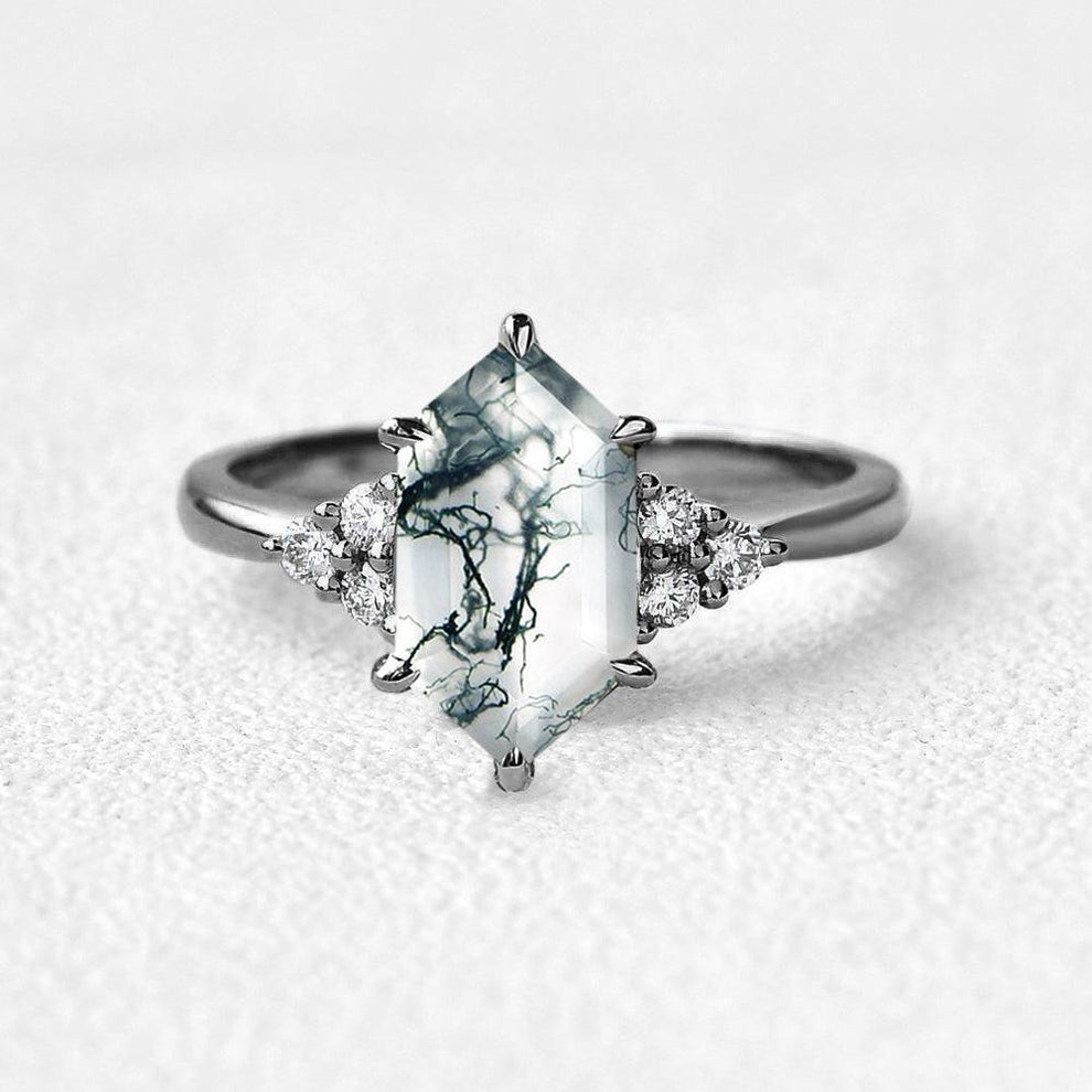 Nyx’s Trio | Black Gold Hexagon Moss Agate Three Stone Engagement Ring.
