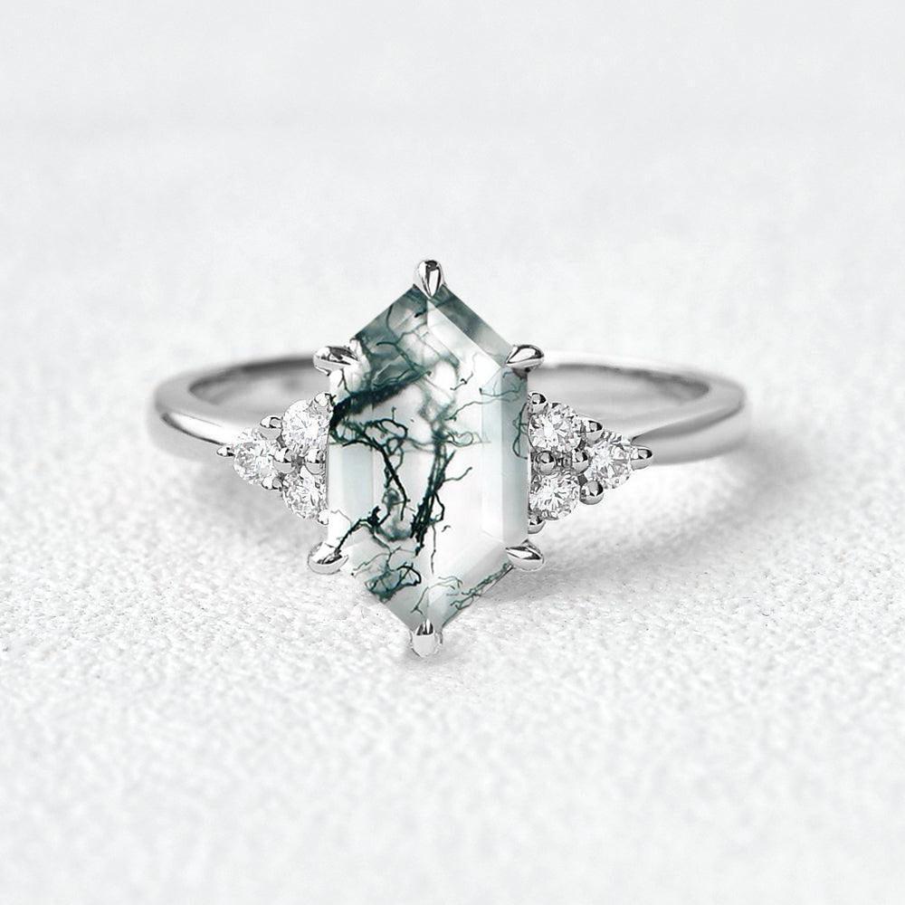 Nova Vintage Hexagon Moss Agate 3 Stone Engagement Ring.