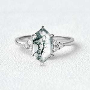 Nova Vintage Hexagon Moss Agate 3 Stone Engagement Ring.