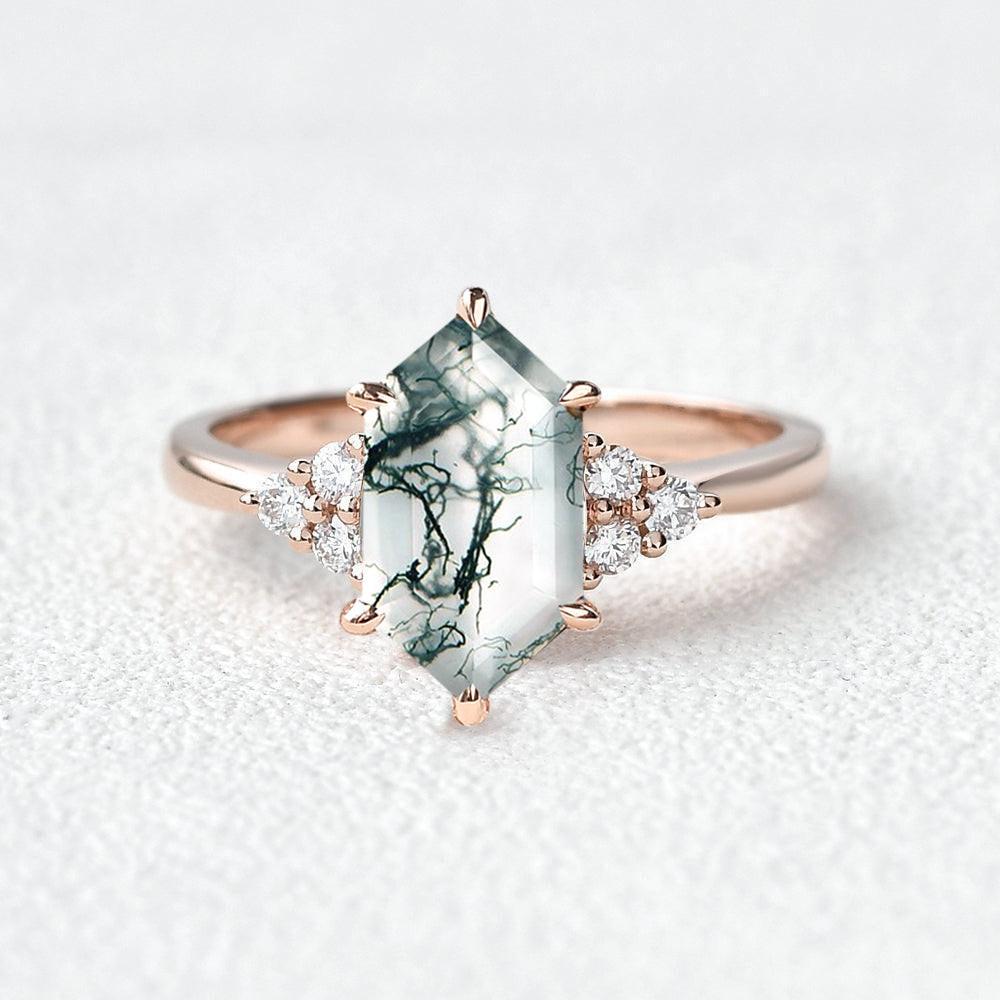 Nova Vintage Hexagon Moss Agate 3 Stone Engagement Ring.
