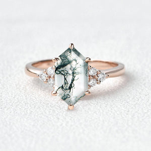 Nova Vintage Hexagon Moss Agate 3 Stone Engagement Ring.
